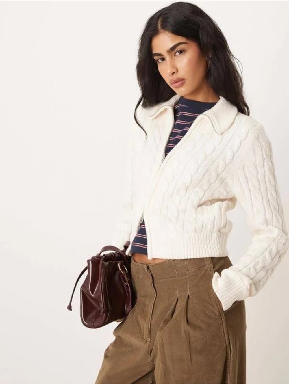 Abercrombie & Fitch Cream Cropped Cable-Knit Zip Sweater